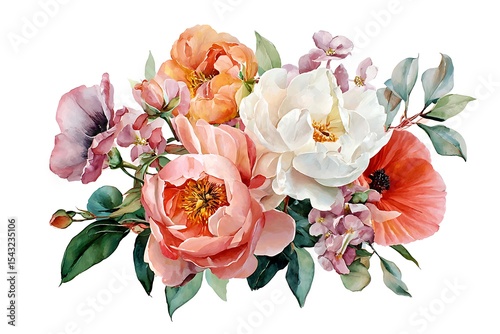 Watercolor floral bouquet, Rose, peonies, Poppy, Pansies, Laurel Leaves, Romantic, Cream, Peach, isolated on white background