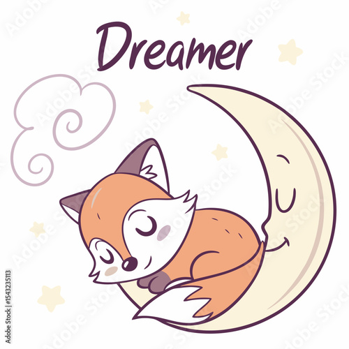 Cute fox sleeping on crescent moon dreamy night