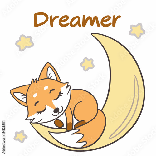 Cute fox sleeping on crescent moon dreamland