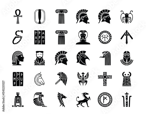 Ancient symbols graphic featuring mythological, cultural, and religious icons representing historic and spiritual themes in black and white, silhouette
