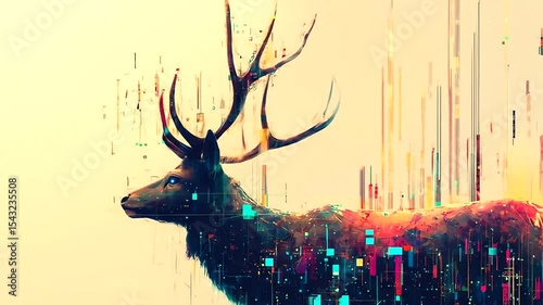 Abstract depiction of a majestic deer with vibrant colors and digital distortion in a serene setting