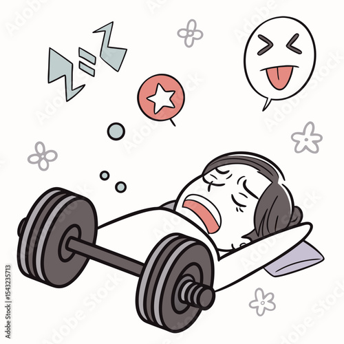 Woman sleeping on barbell funny cartoon illustration