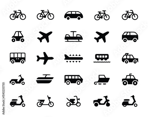 Transportation icons showcase diverse transport methods, including bikes, cars, planes, scooters, buses, trains, boats, offering vector style graphics, silhouette