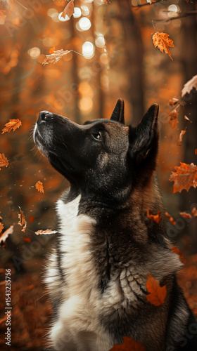 A dog gazing up in the autumnal atmosphere with a background of forest and falling leaves, capturing the dog's attentiveness and the natural environment.