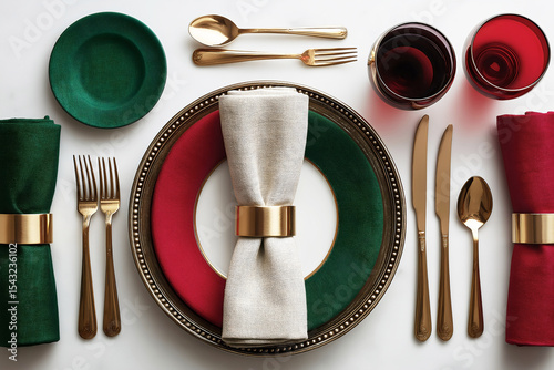 Elegant christmas holiday table setting, red and green layered plates, ornate charger, brass napkin ring, golden flatware, red wine glasses and coordinating fabric napkins on white background.