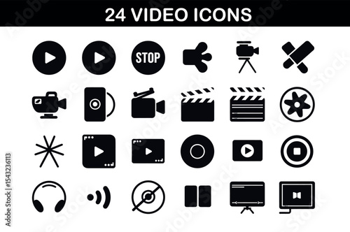 Silhouette Video Icons Set – 24 Minimal Media Symbols