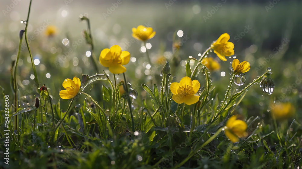 Fototapeta premium Morning Dew on Yellow Buttercup Flowers in a Lush Meadow