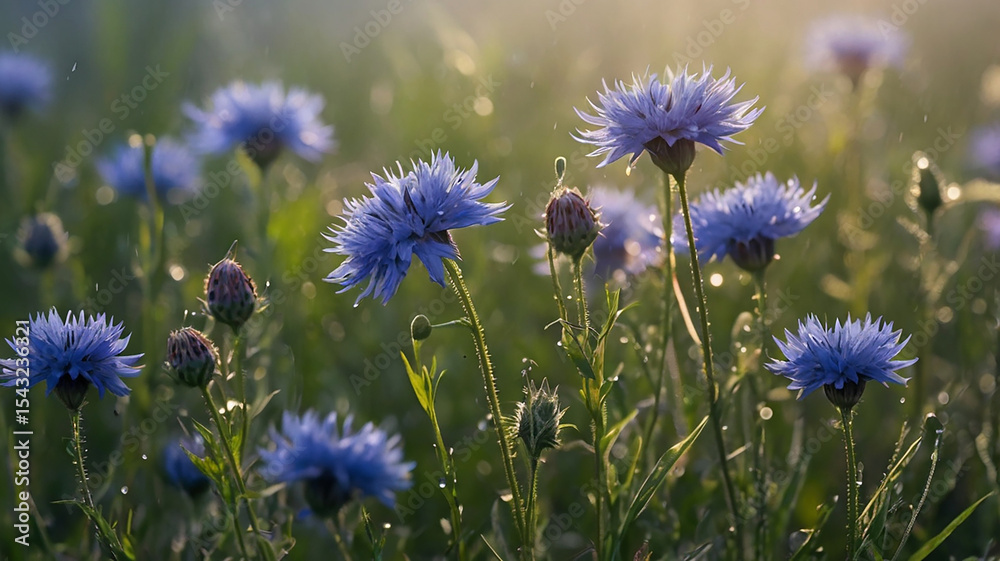 Fototapeta premium Sunlit Meadow of Blue Cornflowers in Morning Dew A Breathtaking Floral Scene