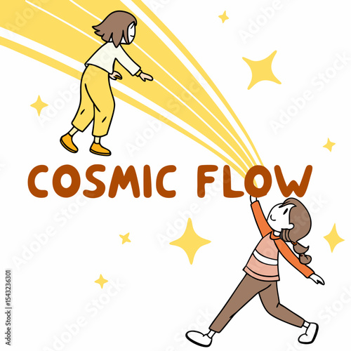 Two girls reaching for cosmic flow energy stream