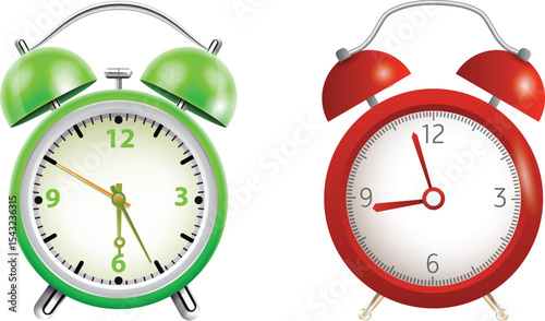 Colorful Alarm Clock Vector Set - Classic Retro Style Clocks with Different Times and Vibrant Designs - alarm clock vector, analog clocks, time management, colorful, vintage, reminder, illustration