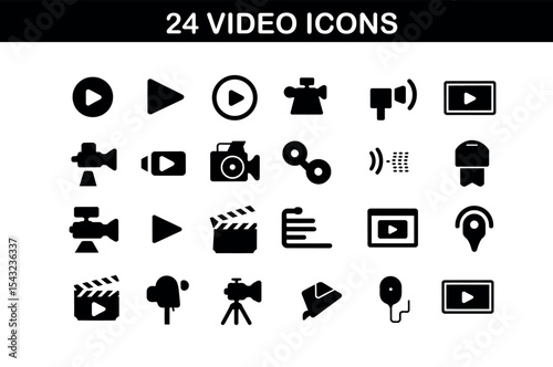 Silhouette Video Icons Set – 24 Minimal Media Symbols