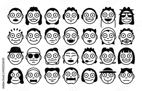 Vector collection of diverse faces showcasing a range of expressions, perfect for illustrating emotions, characters, or demographic representation in designs, silhouette