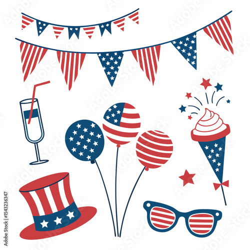 Fourth of July: A patriotic American flag banner with stars and stripes celebrating Independence Day