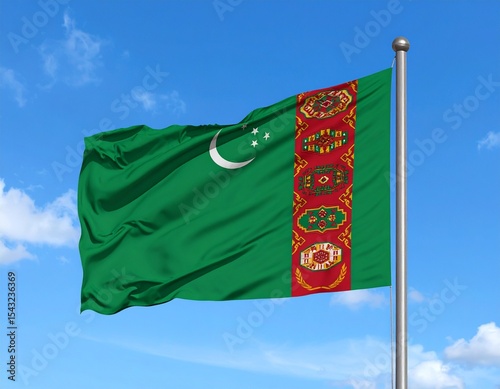 Flag of Turkmenistan Waving in the Blue Sky