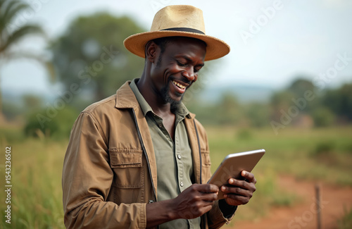 Happy african male farmer uses tablet outdoors. Smiling black man in hat, farm in background. Agriculture, farming, technology, innovation, smart agriculture concept.