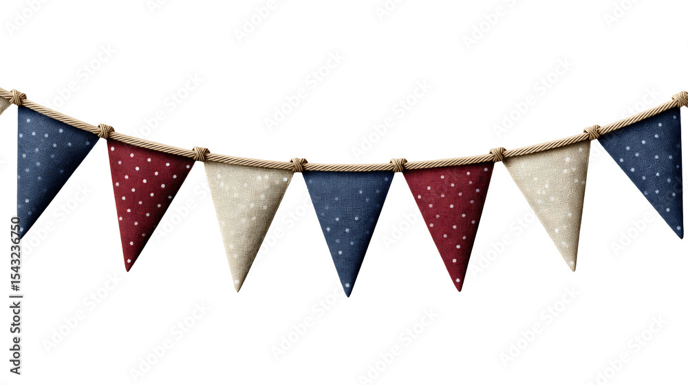 Obraz premium Bunting banner with triangular pennant flags in navy blue burgundy red and beige linen featuring white polka dots connected by twisted rope cord against white or transparent background.