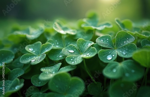 Closeup green clover leaves with water drops. Natural background, soft focus, freshness, nature. Shamrock field, spring or summer. Good luck symbol, St Patricks Day concept.
