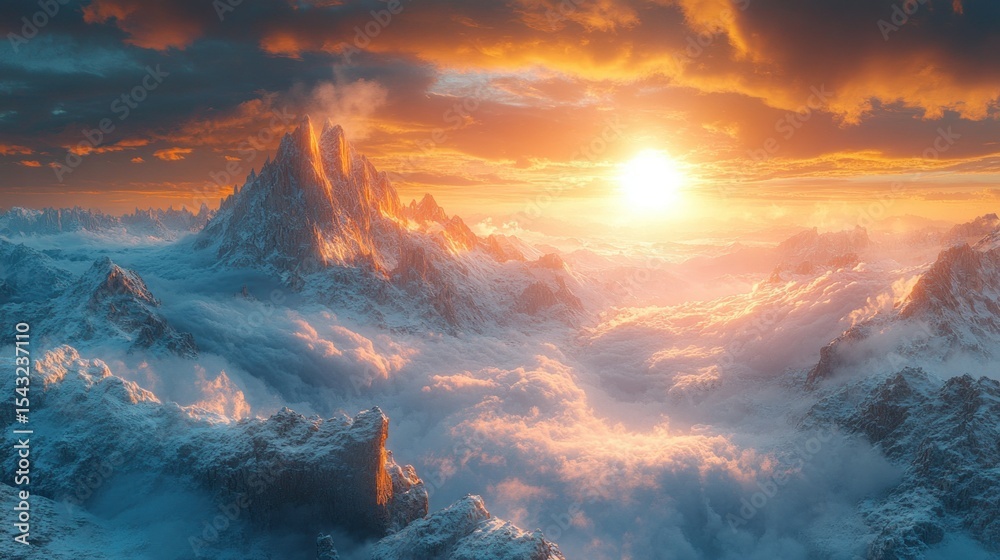 Fototapeta premium Majestic sunset over snow-capped peaks piercing a sea of clouds