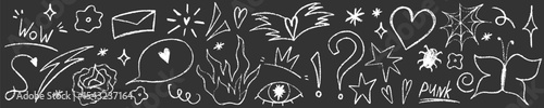 Doodle punk scribble set with heart, flower and butterfly. Sketch scribble doodle y2k punk element. Crayon vector hand drawn.