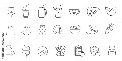 Detox and cleanse related outline icons set on white background flat vector illustration. 