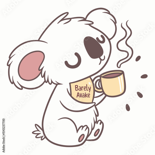 Adorable koala enjoying coffee, barely awake, png cutout