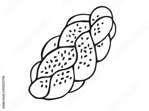 Braided challah bread with sesame seeds. Black and white outline illustration isolated on white background