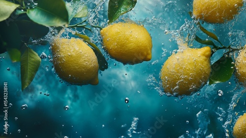 Ridiculous photograph of lemons floating in blue water, with splashes and bubbles on the surface, vibrant yellow fruit with green leaves, high resolution, professional photograph, 