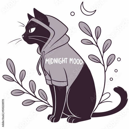 Midnight mood black cat wearing grey hoodie