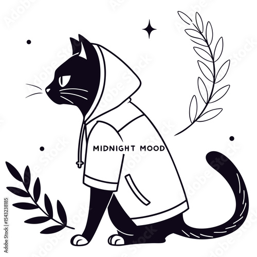 Cool black cat wearing hoodie midnight mood