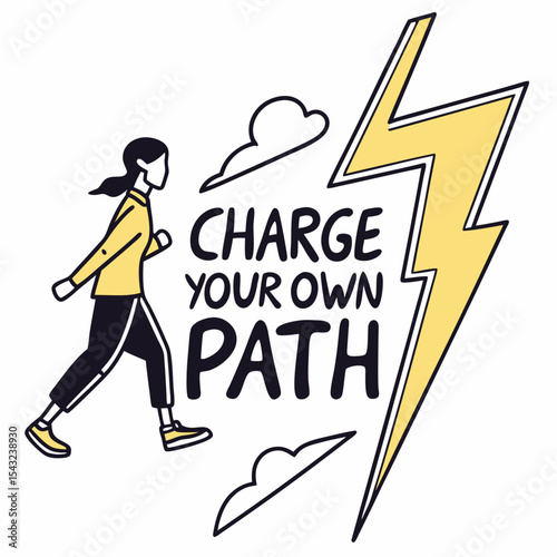 Woman walking forward own path lightning bolt