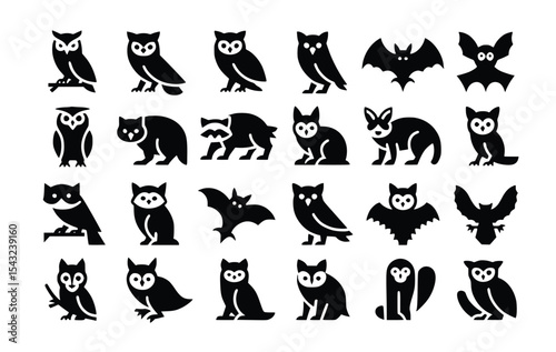 Silhouettes of nocturnal creatures showcasing owl, bat, raccoon and canine icons against a white background in vector format.