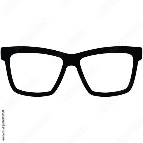 Black rimmed rectangular eyeglasses silhouette on white background for graphic design elements