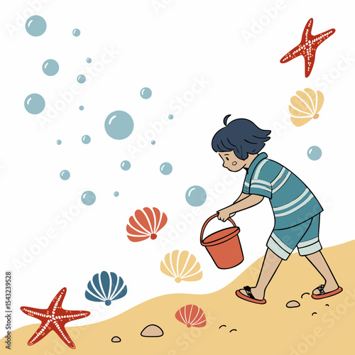 Child collecting seashells on sandy beach summer fun