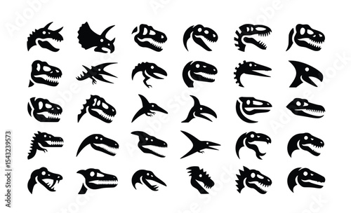 Discover the world of dinosaurs with this cool collection of black and white vector dinosaur heads on a white background, silhouette