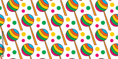 Bright colorful striped lollipop seamless pattern. Candy mood kid background. Yummy sweets print, vector graphic