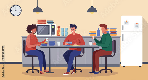 Office Workers Enjoying Lunch Break Together in Breakroom