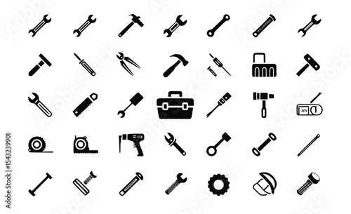 Various tools including wrenches, hammers, and screwdrivers are displayed in a simple, clean black and white illustration for construction and repair, silhouette