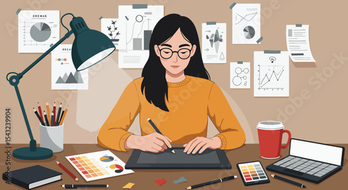 Focused Graphic Designer Working on Digital Tablet, Creative Process Illustration