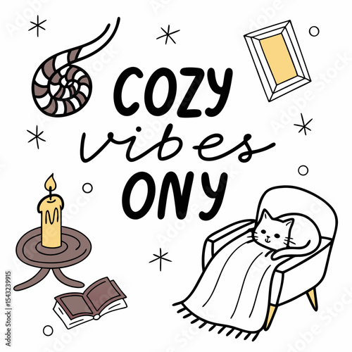 Cozy vibes only cute cat candle book chair