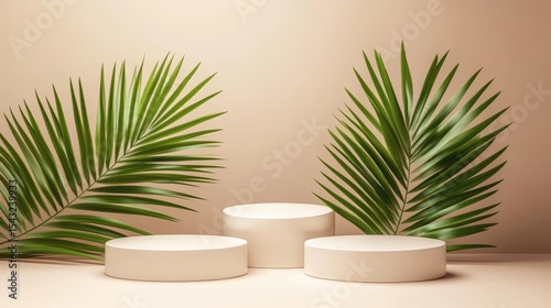 Minimalist beige podium with three circular platforms and two green palm leaves as a natural backdrop, creating a modern and elegant display setting.