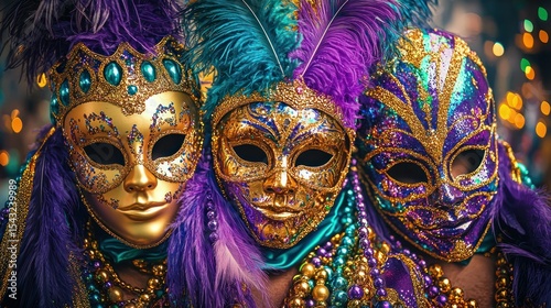Close-up of three ornate Mardi Gras masks, vibrant purple, teal, and gold, adorned with feathers and beads