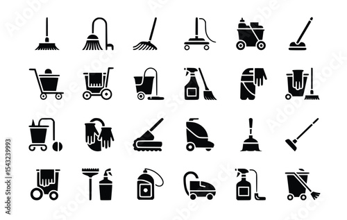 Cleaning Supplies Icons Set Cleaning Equipment Broom Mop Vacuum Cleaner Bucket Spray Bottle Gloves Cart, silhouette