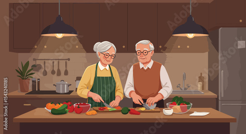 Elderly Couple Cooking Together in a Cozy Kitchen