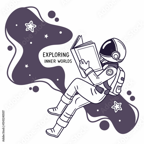 Astronaut reading book in space exploring inner worlds
