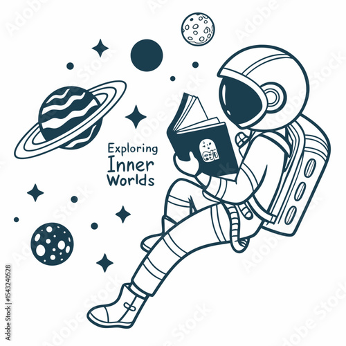 Astronaut reading book in space exploring inner worlds