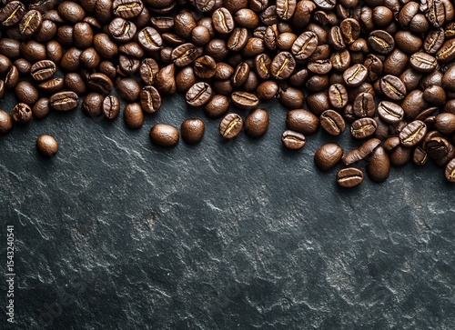 Top view of coffee beans background, flat lay. Closeup shot of raw dark brown coffee on a black surface. Colorful texture for product design and advertising. Vector illustration with copy space. 