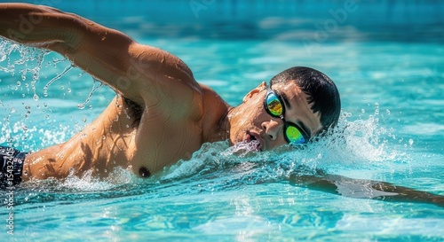 Man swimming freestyle stroke in pool
