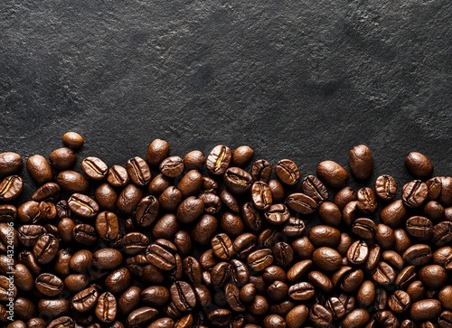 Top view of coffee beans background, flat lay. Closeup shot of raw dark brown coffee on a black surface. Colorful texture for product design and advertising. Vector illustration with copy space. 