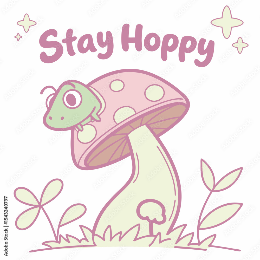 Obraz premium Cute frog on pink mushroom stay hoppy illustration