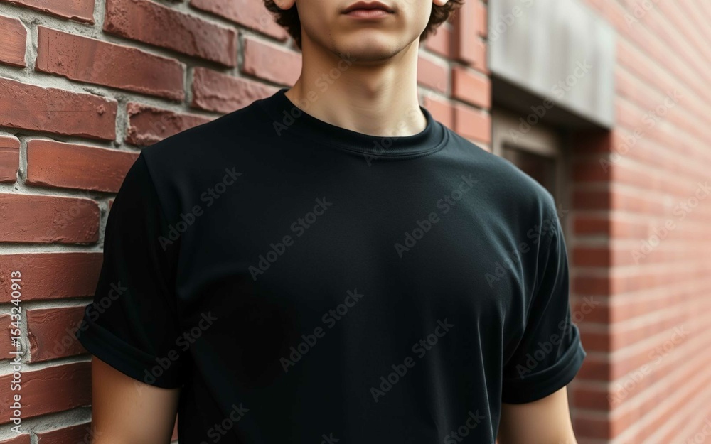 Obraz premium Black T-Shirt Mockup Urban Style, Cropped male upper body with curly hair, shirt sleeves rolled, standing by brick wall, no face shown, high-detail shirt placement for print design